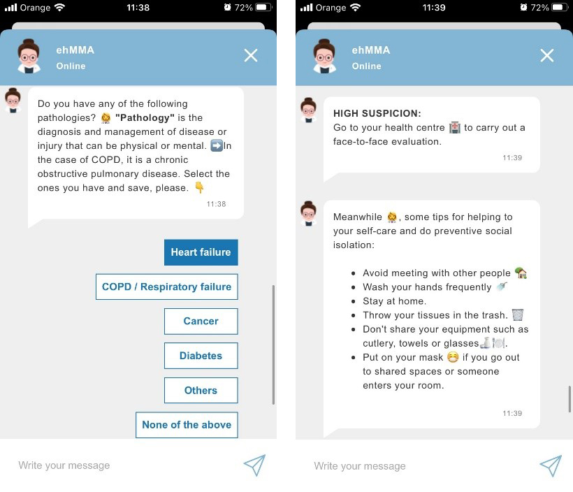 Example of new chatbot function of ehCOS Remote Health